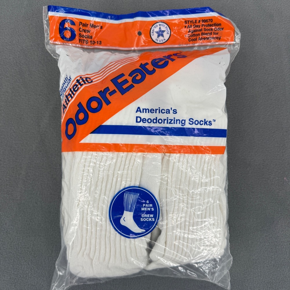 Vintage Odor-Eaters Men's 10-13 Crew Socks 6 Pair White NOS Made USA 99670